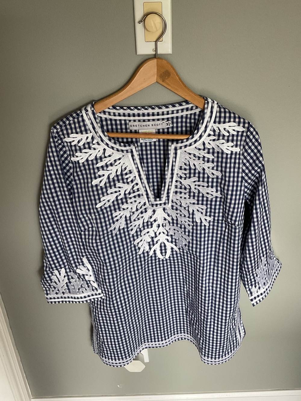 Gretchen Scott Designs Navy and White Gingham Embroidered Tunic